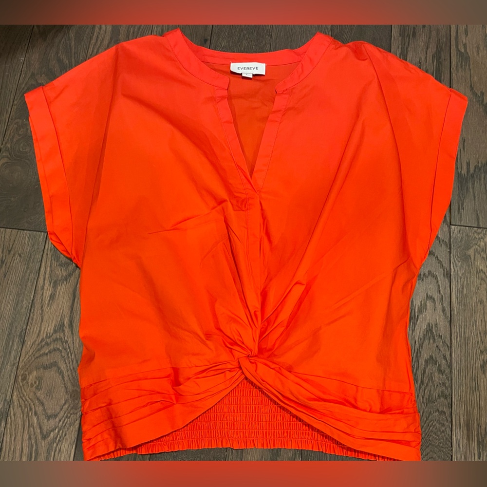 Evereve orange 100% cotton size large snap front frame knotted roll t-shirt.